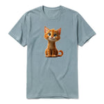 Un T-shirt sauge à manches courtes et col rond, orné d'un motif représentant un chat sur le devant.