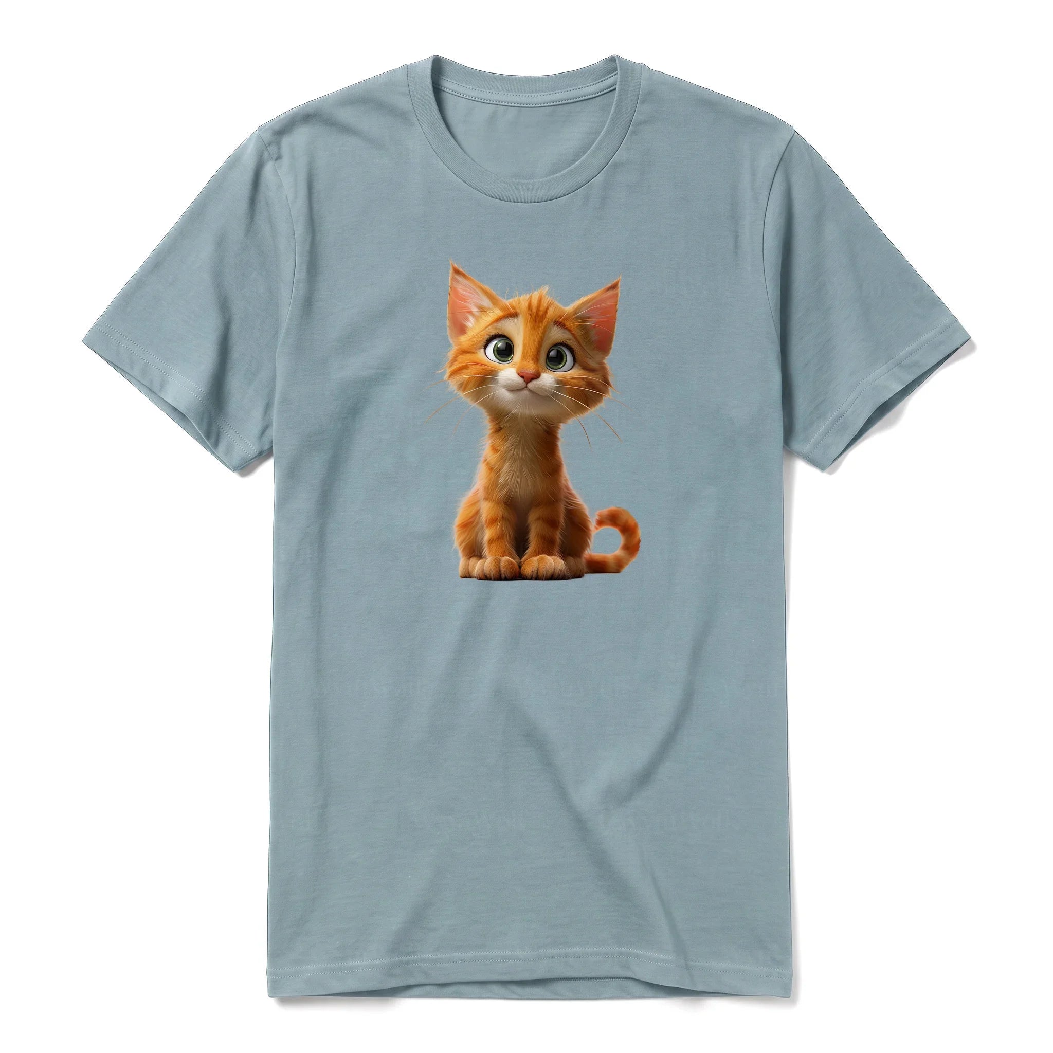Un T-shirt sauge à manches courtes et col rond, orné d'un motif représentant un chat sur le devant.