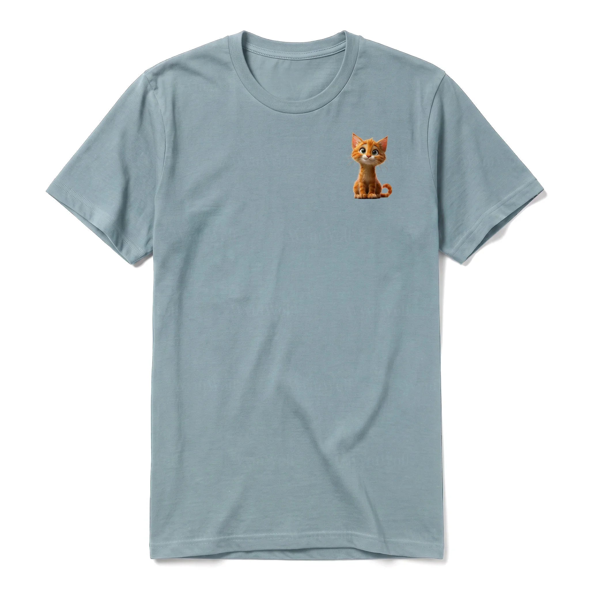 Un T-shirt sauge à manches courtes et col rond, orné d'un motif représentant un chat sur la poitrine gauche.
