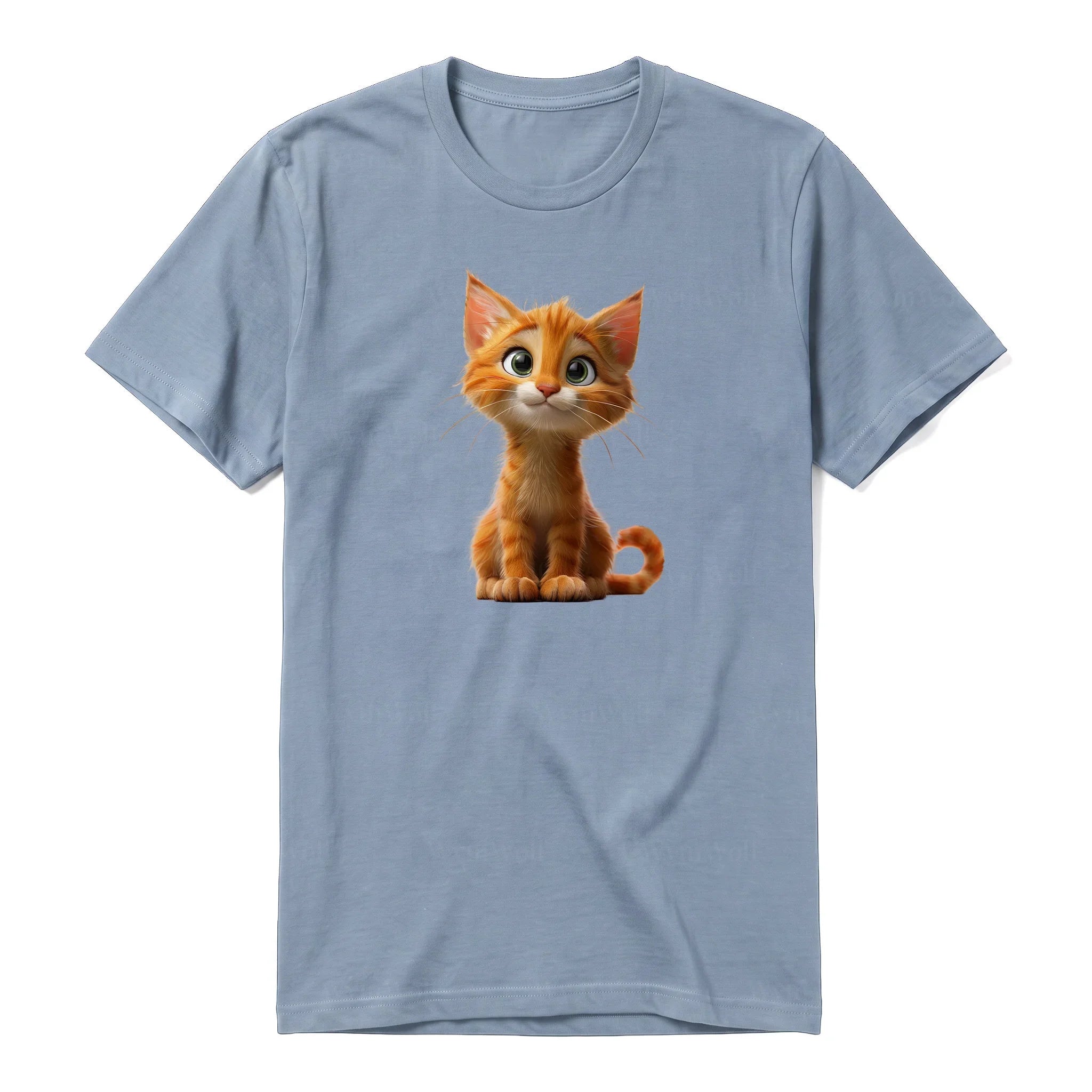 Un T-shirt steel-blue à manches courtes et col rond, orné d'un motif représentant un chat sur le devant.