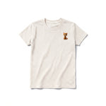 A vintage-white short-sleeve crewneck t-shirt for youth featuring a graphic of a cat on the left chest.