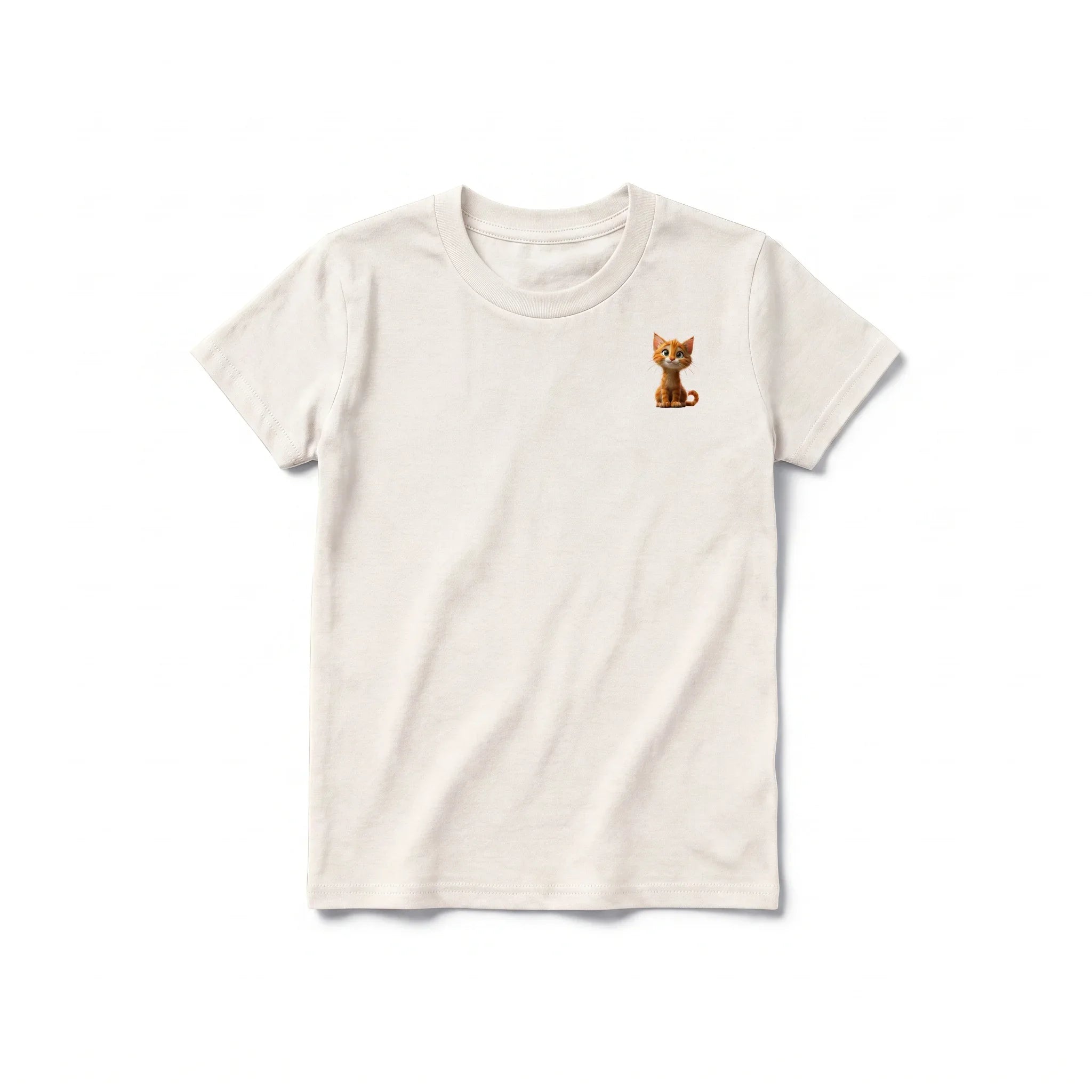 A vintage-white short-sleeve crewneck t-shirt for youth featuring a graphic of a cat on the left chest.