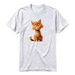A ash grey short-sleeve crewneck t-shirt for adult featuring a graphic of a cat on the front.