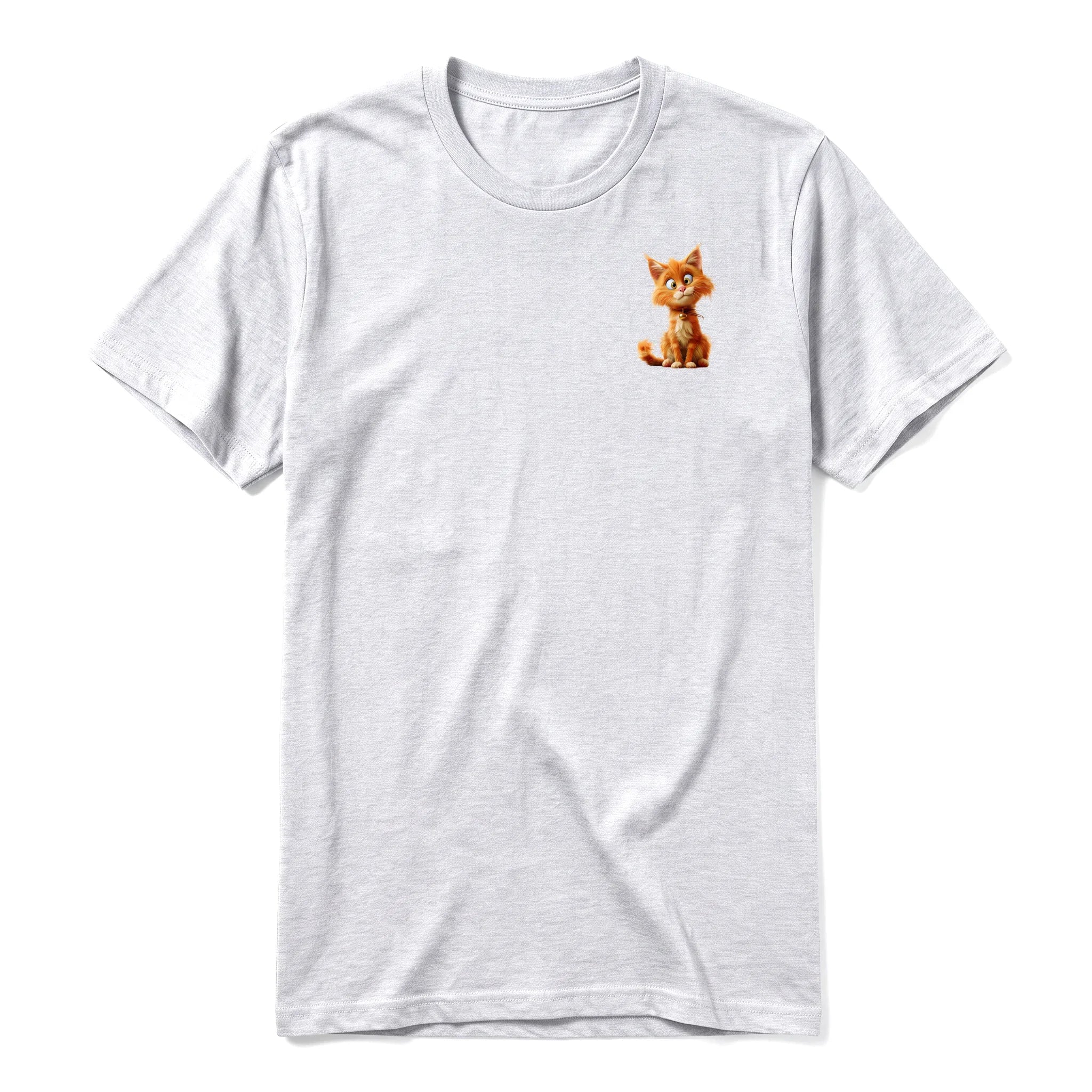 A ash grey short-sleeve crewneck t-shirt for adult featuring a graphic of a cat on the left chest.