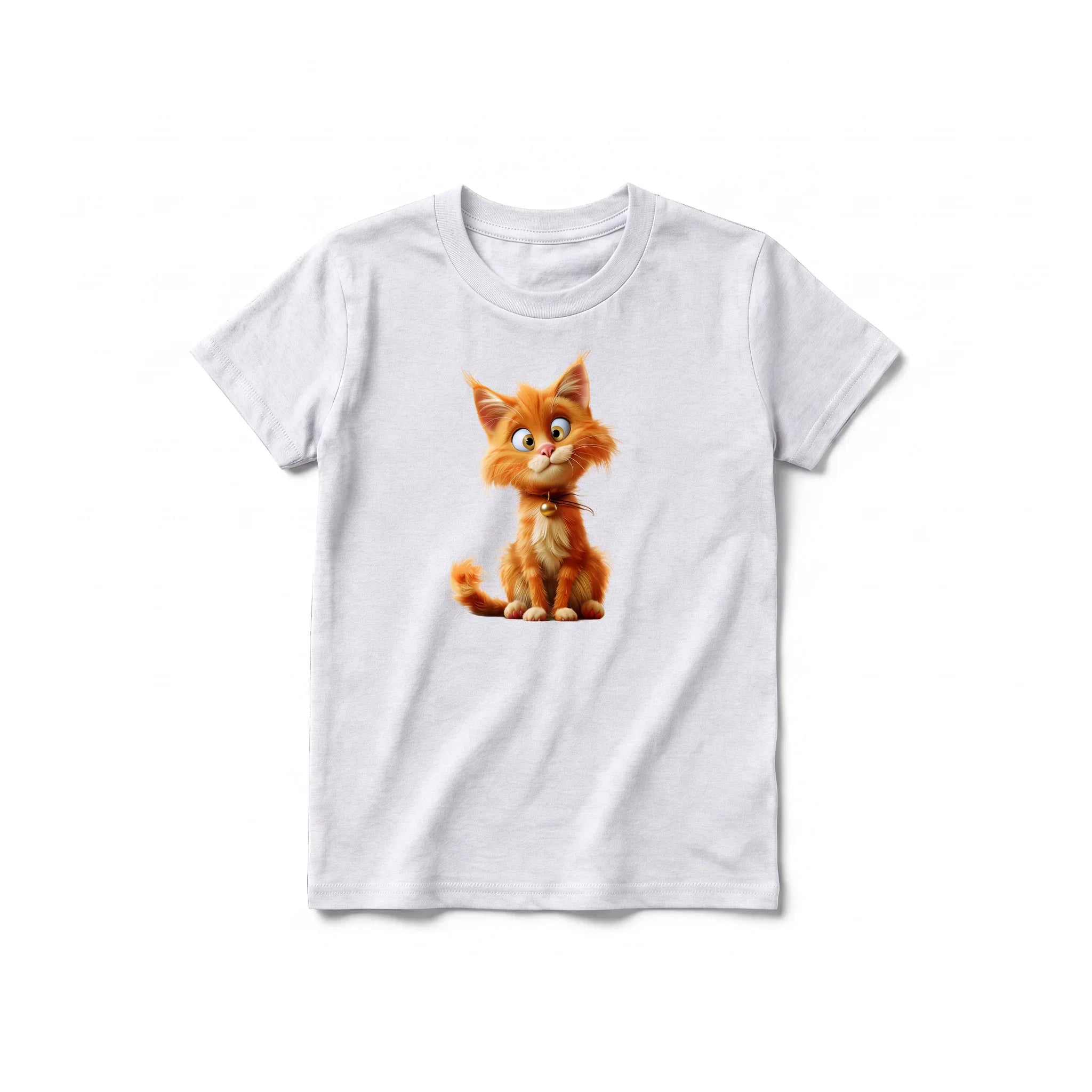 A ash grey short-sleeve crewneck t-shirt for youth featuring a graphic of a cat on the front.