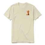 A latte short-sleeve crewneck t-shirt for adult featuring a graphic of a cat on the left chest.