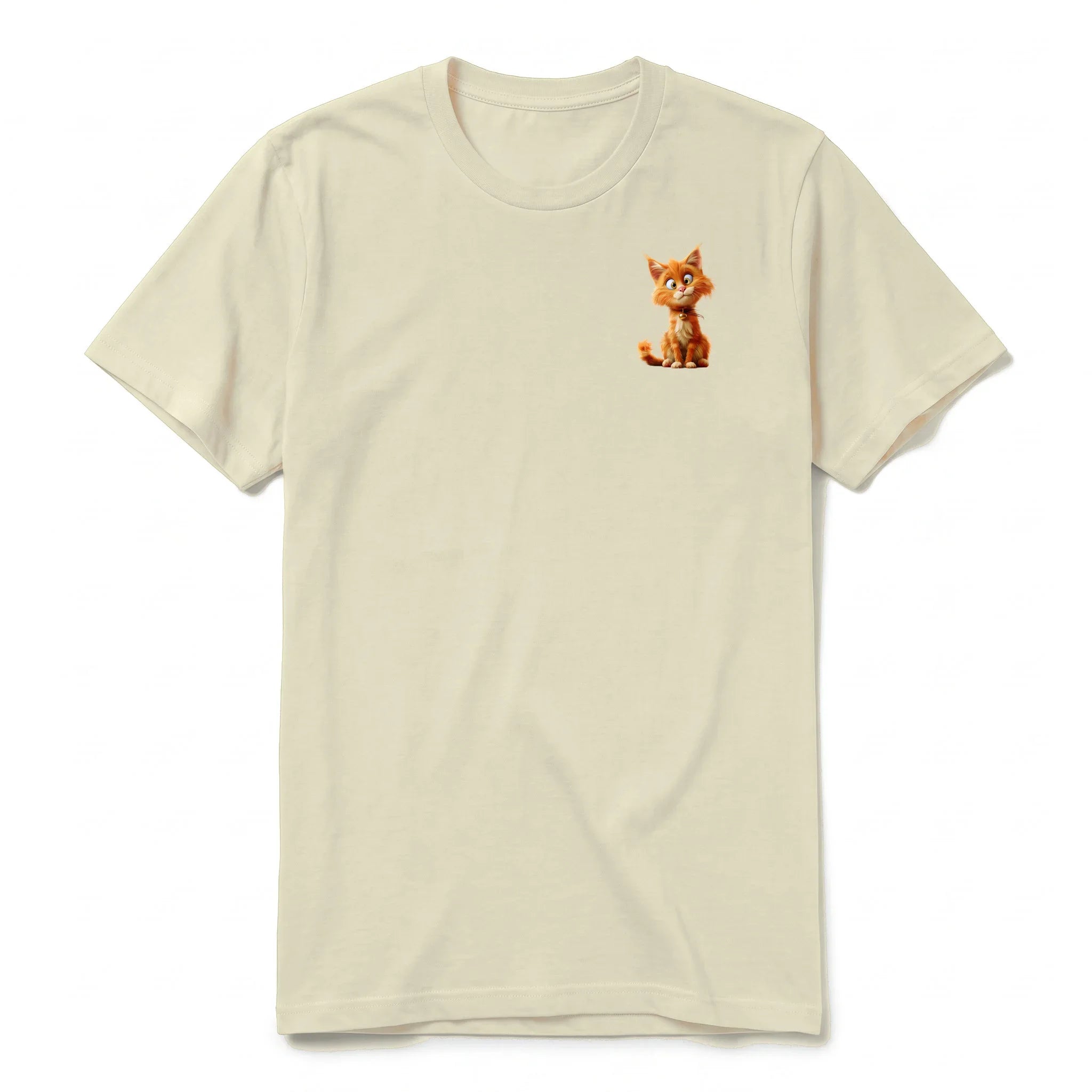 A latte short-sleeve crewneck t-shirt for adult featuring a graphic of a cat on the left chest.