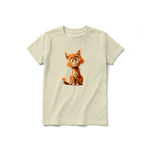 A latte short-sleeve crewneck t-shirt for youth featuring a graphic of a cat on the front.