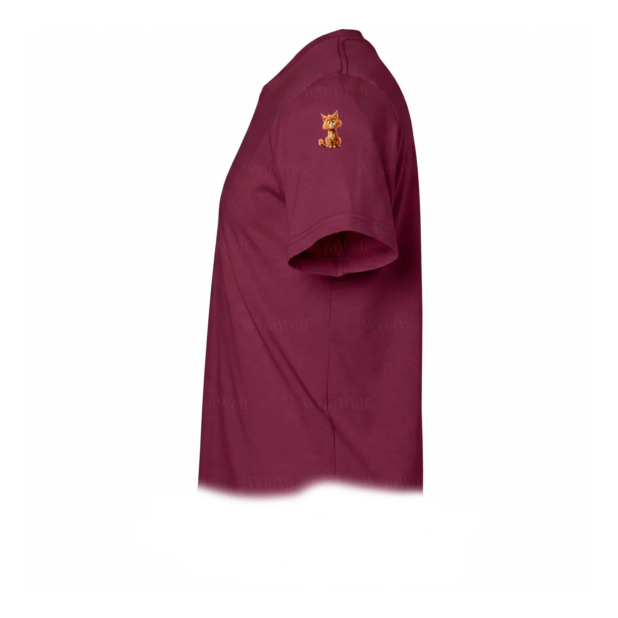 Un T-shirt marron à manches courtes et col rond, orné d'un motif représentant un chat sur le haut de la manche gauche.