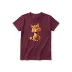 Un T-shirt marron à manches courtes et col rond pour jeune, orné d'un motif représentant un chat sur le devant.