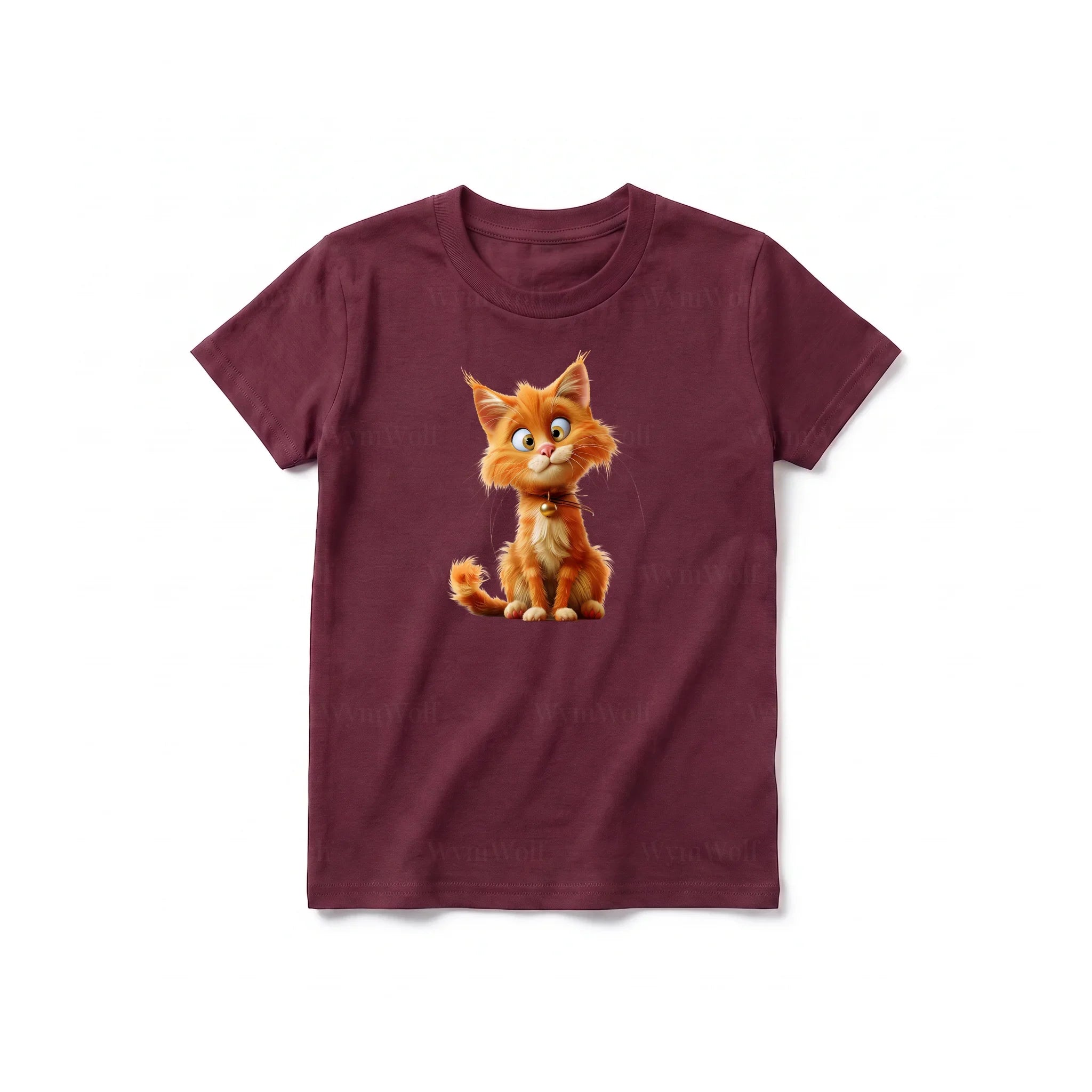 Un T-shirt marron à manches courtes et col rond pour jeune, orné d'un motif représentant un chat sur le devant.