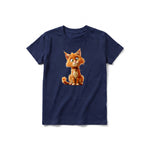 Un T-shirt marine à manches courtes et col rond pour jeune, orné d'un motif représentant un chat sur le devant.