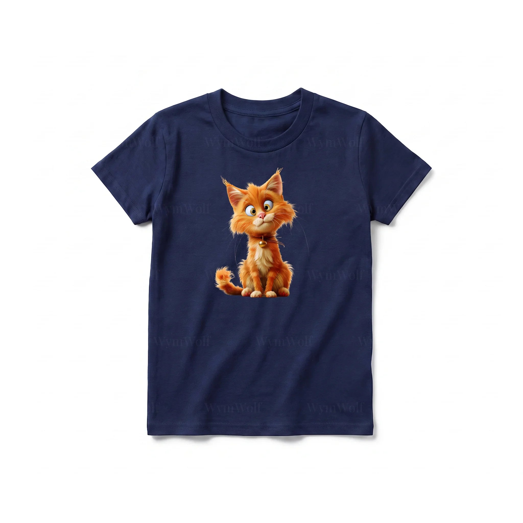 Un T-shirt marine à manches courtes et col rond pour jeune, orné d'un motif représentant un chat sur le devant.