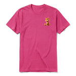 A raspberry short-sleeve crewneck t-shirt for adult featuring a graphic of a cat on the left chest.