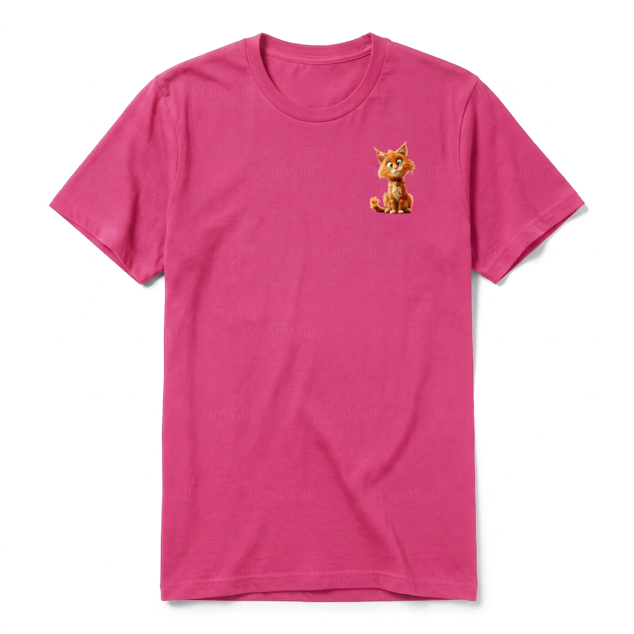 A raspberry short-sleeve crewneck t-shirt for adult featuring a graphic of a cat on the left chest.