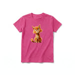 A raspberry short-sleeve crewneck t-shirt for youth featuring a graphic of a cat on the front.