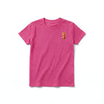 A raspberry short-sleeve crewneck t-shirt for youth featuring a graphic of a cat on the left chest.