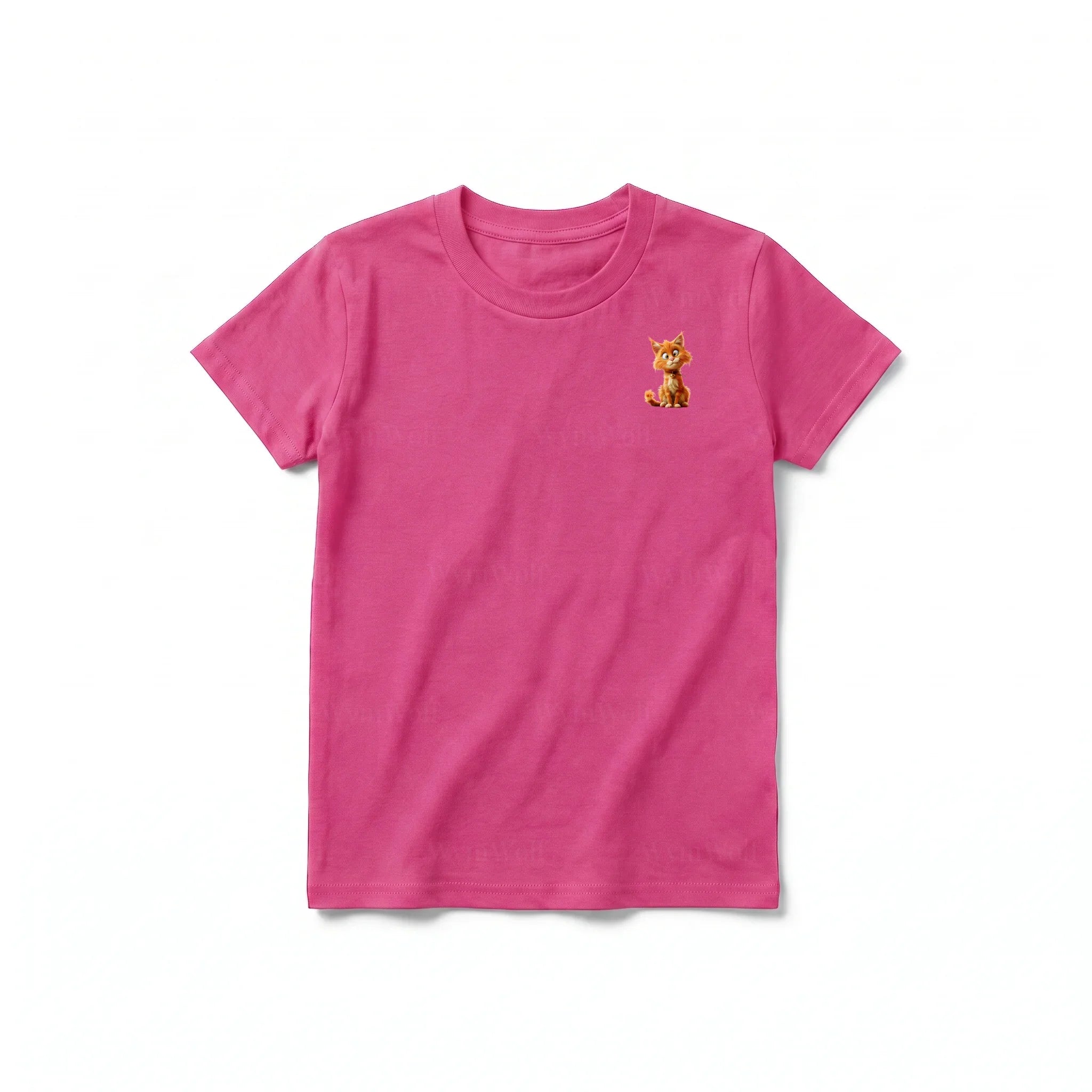 A raspberry short-sleeve crewneck t-shirt for youth featuring a graphic of a cat on the left chest.