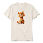 Un T-shirt blanc vintage à manches courtes et col rond, orné d'un motif représentant un chat sur le devant.