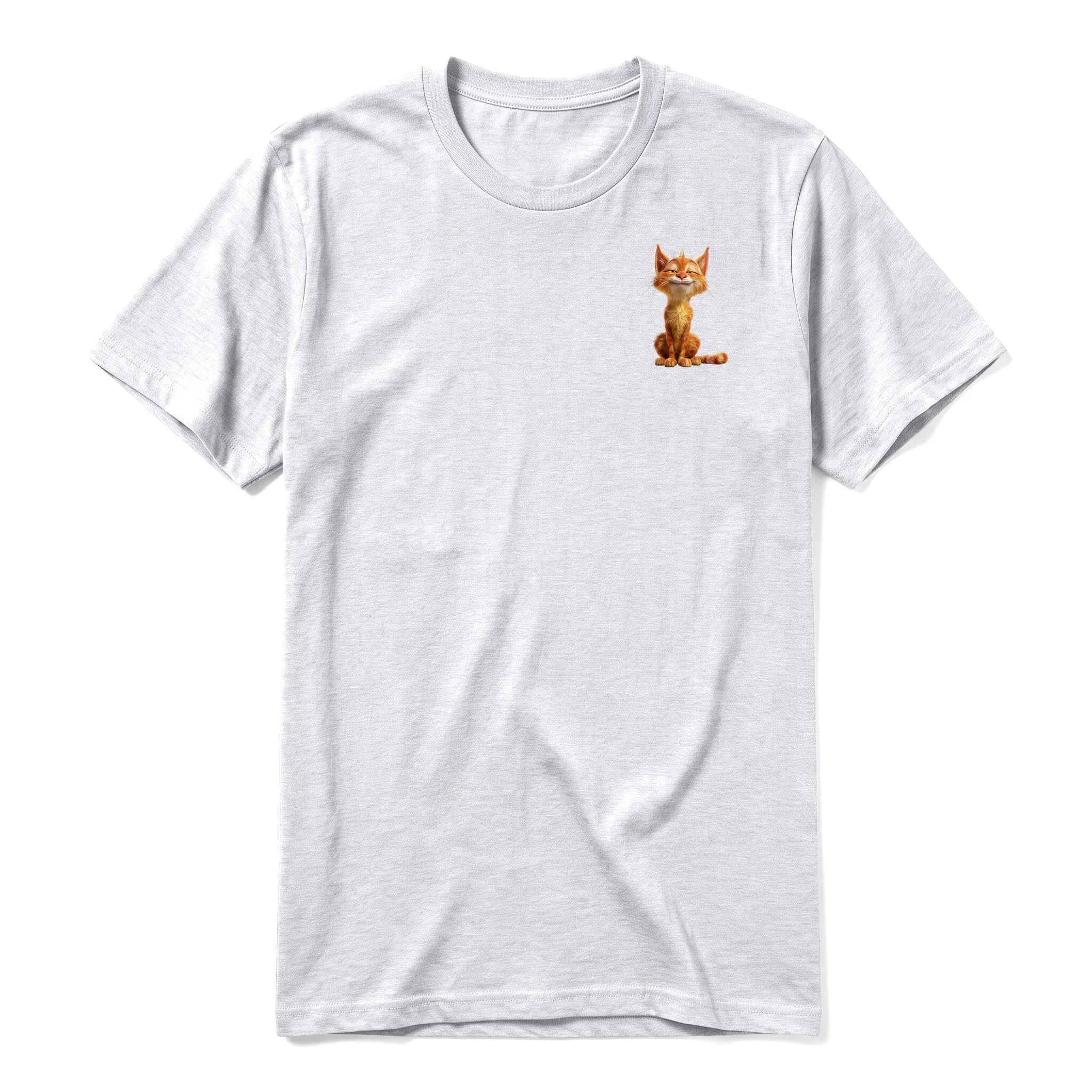 A ash grey short-sleeve crewneck t-shirt for adult featuring a graphic of a cat on the left chest.