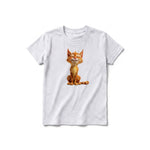 A ash grey short-sleeve crewneck t-shirt for youth featuring a graphic of a cat on the front.