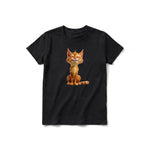 A black short-sleeve crewneck t-shirt for youth featuring a graphic of a cat on the front.