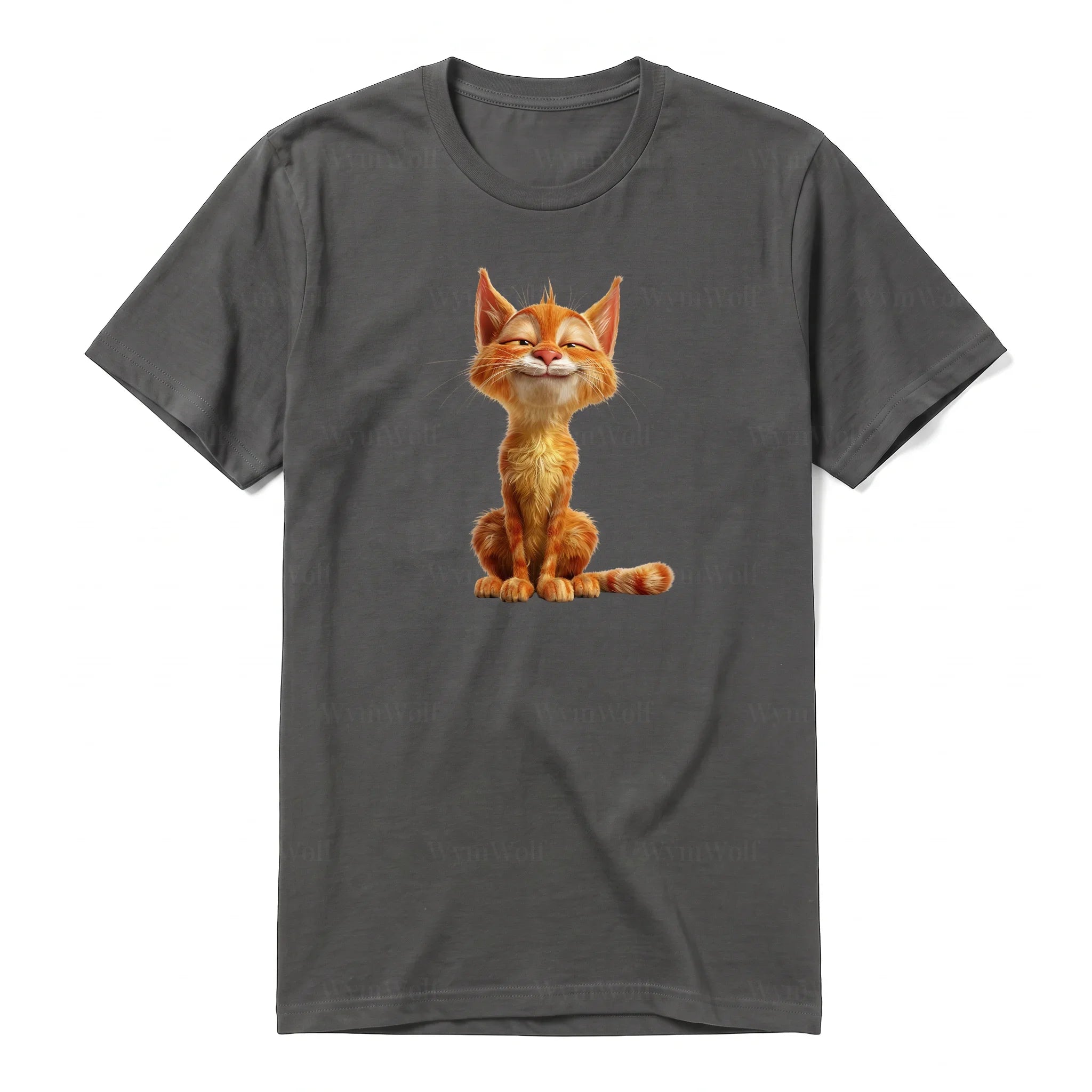 A charcoal short-sleeve crewneck t-shirt for adult featuring a graphic of a cat on the front.