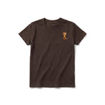 A chocolate short-sleeve crewneck t-shirt for youth featuring a graphic of a cat on the left chest.