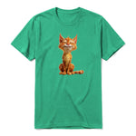 A kelly short-sleeve crewneck t-shirt for adult featuring a graphic of a cat on the front.
