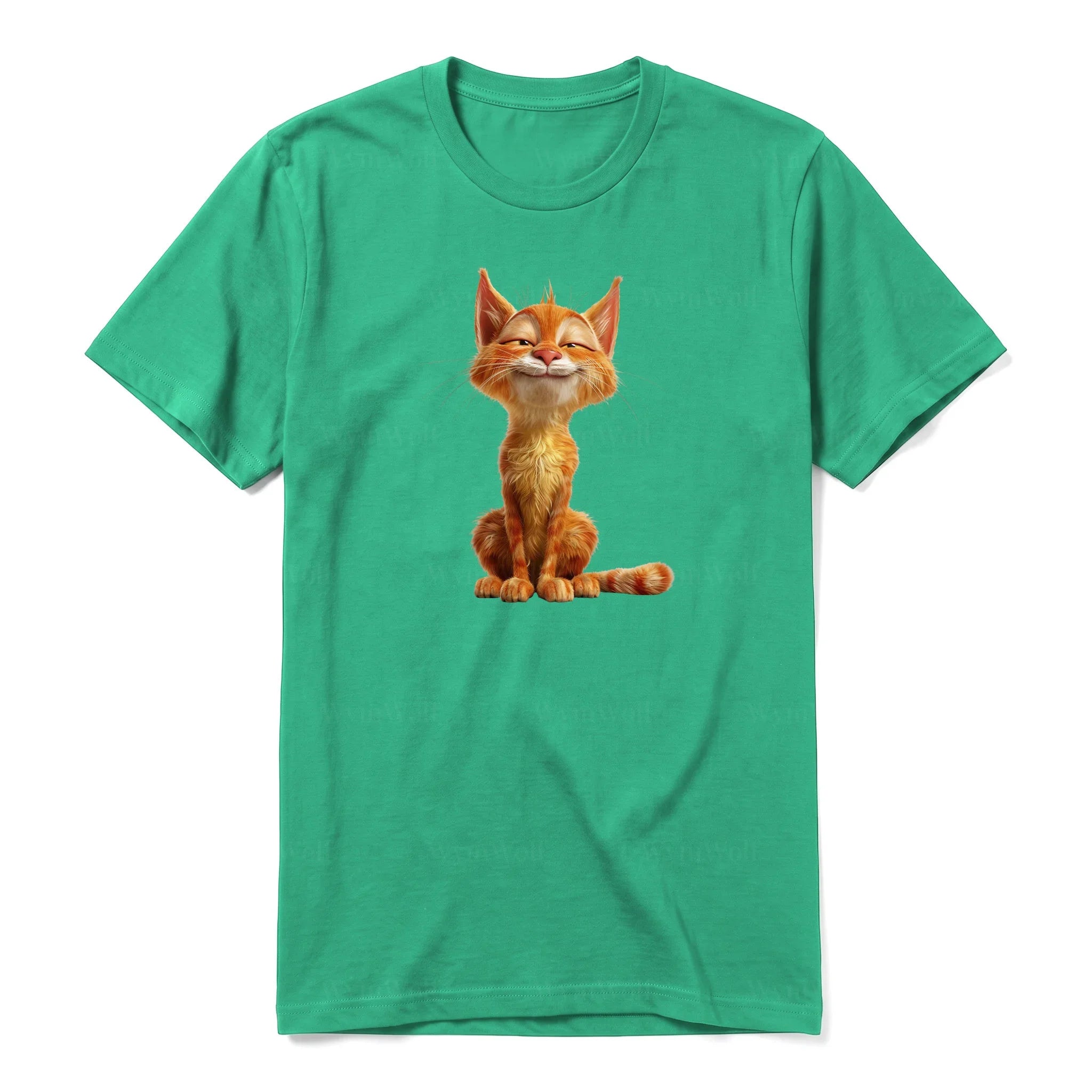 A kelly short-sleeve crewneck t-shirt for adult featuring a graphic of a cat on the front.