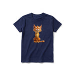 A navy short-sleeve crewneck t-shirt for youth featuring a graphic of a cat on the front.