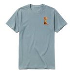 A sage short-sleeve crewneck t-shirt for adult featuring a graphic of a cat on the left chest.