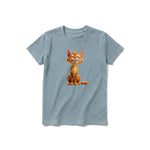 A sage short-sleeve crewneck t-shirt for youth featuring a graphic of a cat on the front.