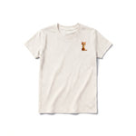 A vintage-white short-sleeve crewneck t-shirt for youth featuring a graphic of a cat on the left chest.