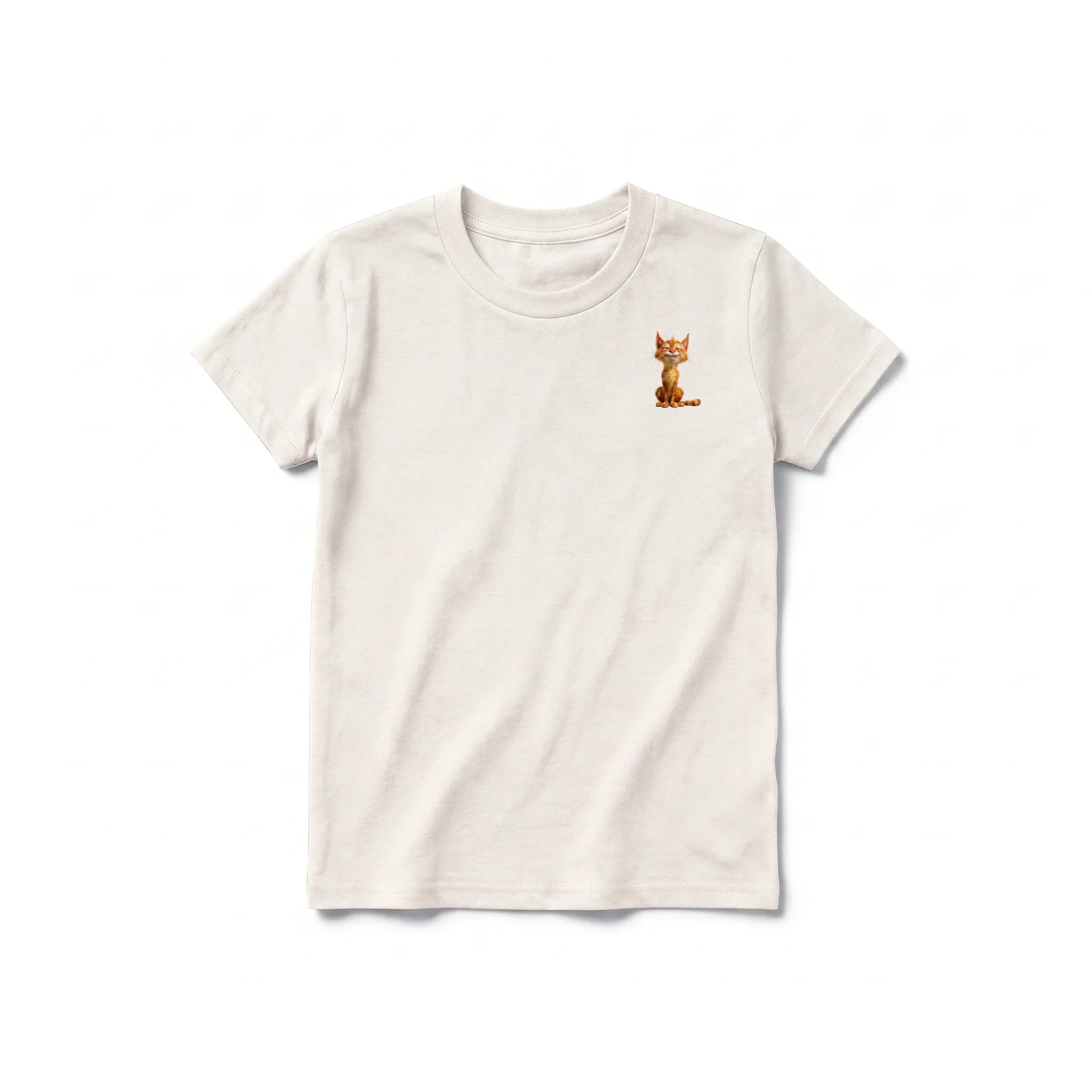 A vintage-white short-sleeve crewneck t-shirt for youth featuring a graphic of a cat on the left chest.