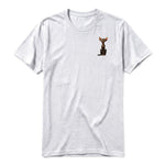 A ash grey short-sleeve crewneck t-shirt for adult featuring a graphic of a cat on the left chest.