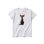 A ash grey short-sleeve crewneck t-shirt for youth featuring a graphic of a cat on the front.