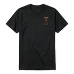 A black short-sleeve crewneck t-shirt for adult featuring a graphic of a cat on the left chest.