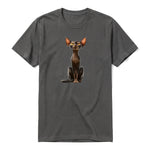 A charcoal short-sleeve crewneck t-shirt for adult featuring a graphic of a cat on the front.