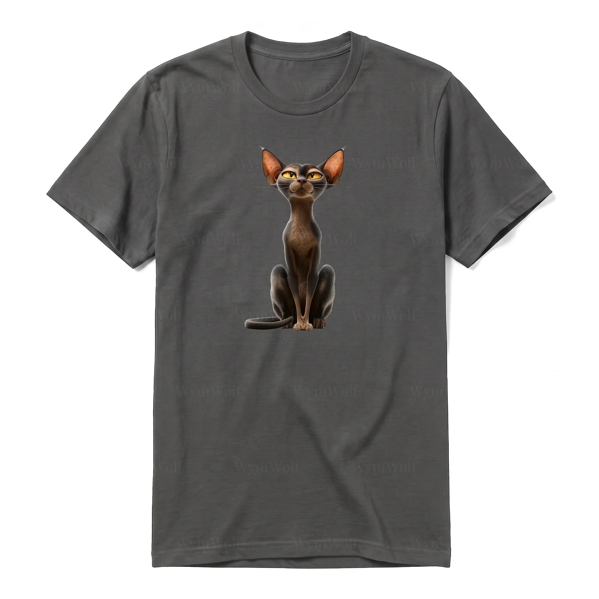 A charcoal short-sleeve crewneck t-shirt for adult featuring a graphic of a cat on the front.