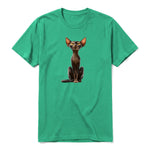 A kelly short-sleeve crewneck t-shirt for adult featuring a graphic of a cat on the front.