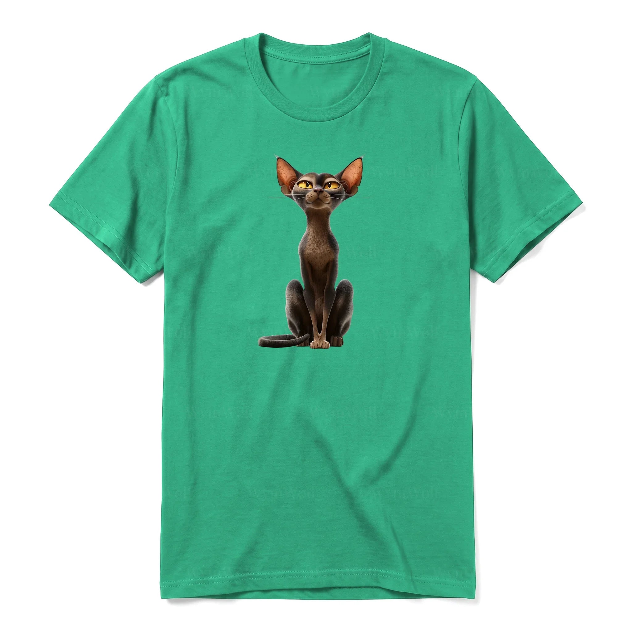 A kelly short-sleeve crewneck t-shirt for adult featuring a graphic of a cat on the front.