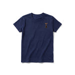 A navy short-sleeve crewneck t-shirt for youth featuring a graphic of a cat on the left chest.