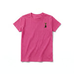 A raspberry short-sleeve crewneck t-shirt for youth featuring a graphic of a cat on the left chest.