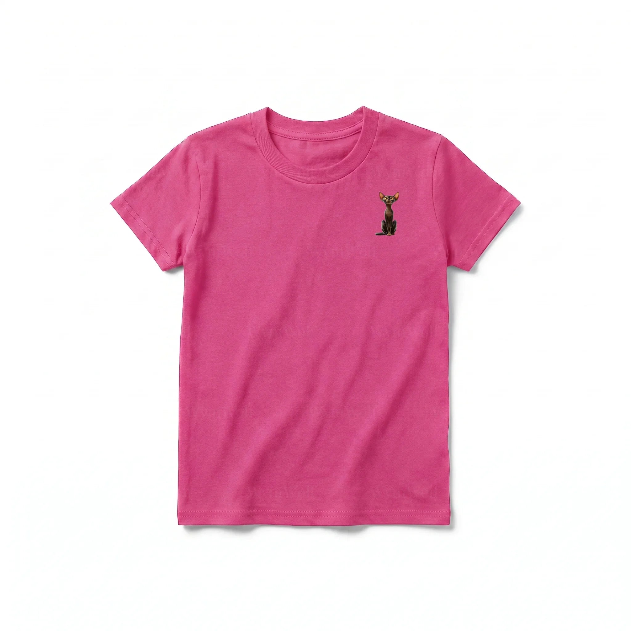 A raspberry short-sleeve crewneck t-shirt for youth featuring a graphic of a cat on the left chest.