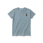 A sage short-sleeve crewneck t-shirt for youth featuring a graphic of a cat on the left chest.