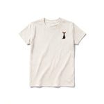 A vintage-white short-sleeve crewneck t-shirt for youth featuring a graphic of a cat on the left chest.