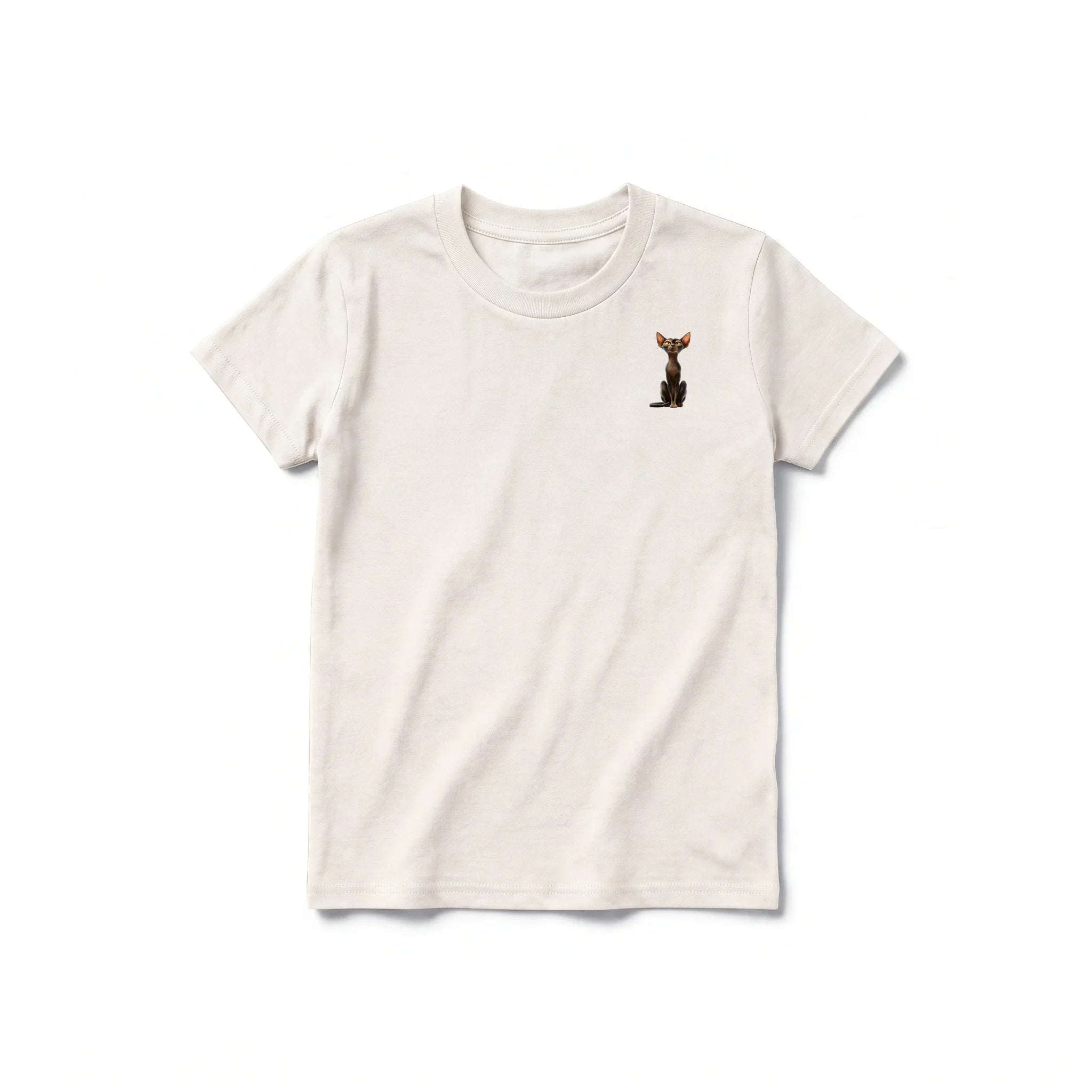 A vintage-white short-sleeve crewneck t-shirt for youth featuring a graphic of a cat on the left chest.
