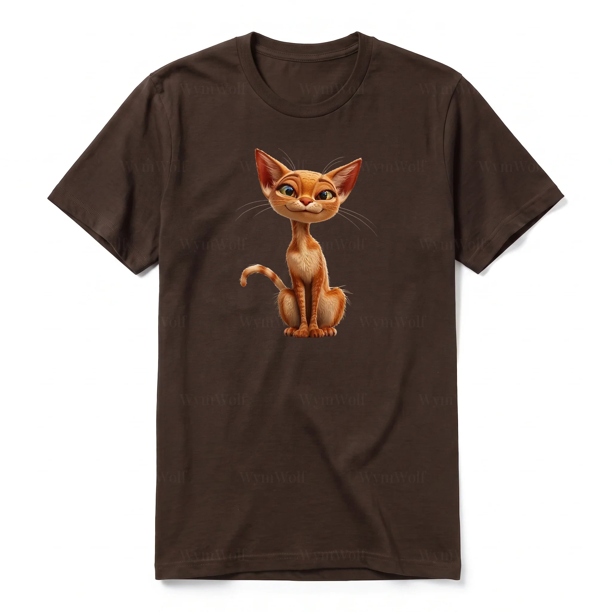 Un T-shirt chocolat à manches courtes et col rond, orné d'un motif représentant un chat sur le devant.