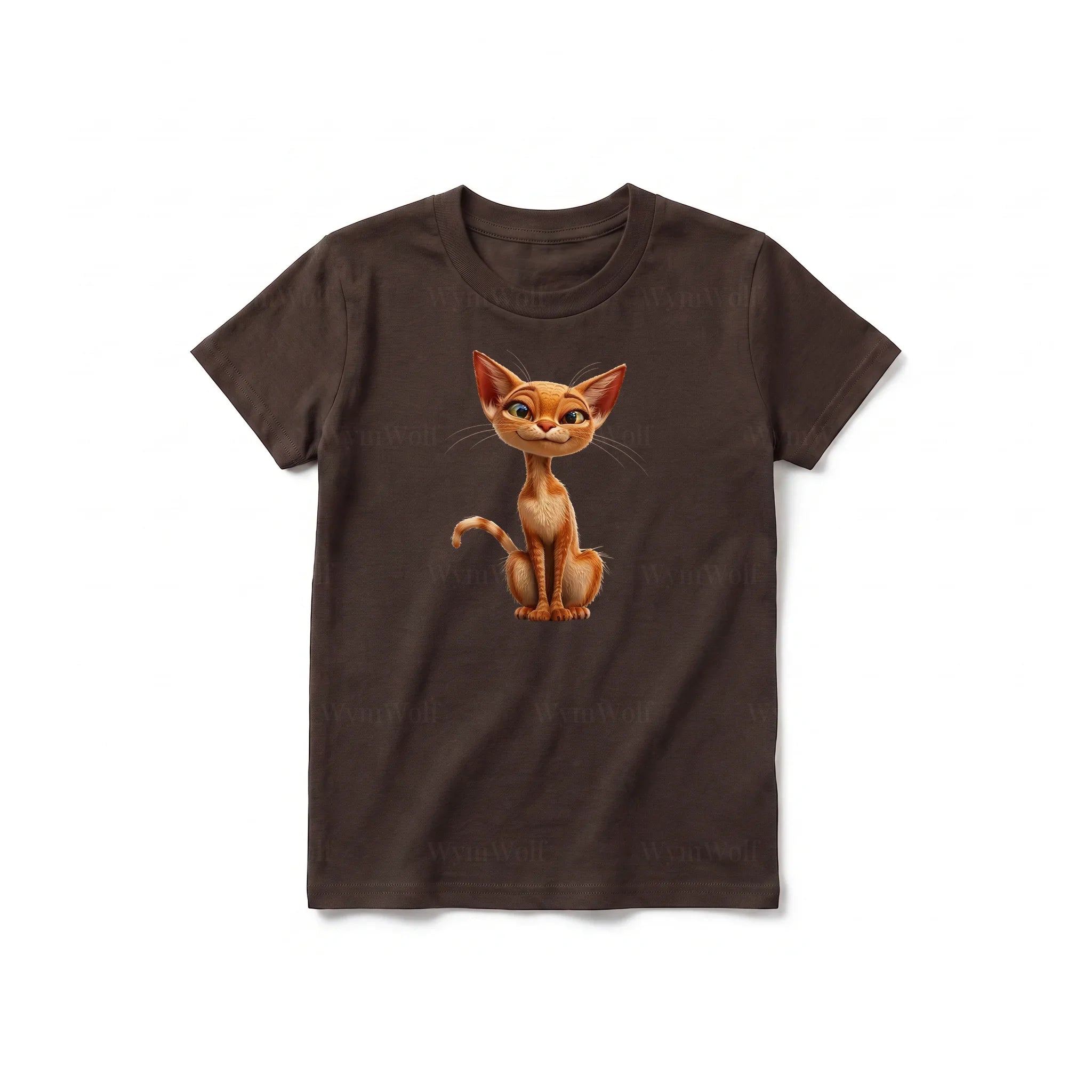 Un T-shirt chocolat à manches courtes et col rond pour jeune, orné d'un motif représentant un chat sur le devant.